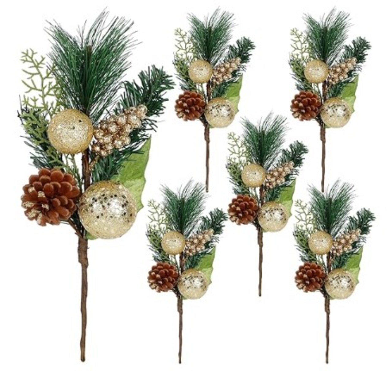 6 Pack 12'' Elegant Faux Picks for Christmas Gold & Silver Globe Ornaments + Pine Cone + Green Poinsettia Leaf + Mini Gold Balls